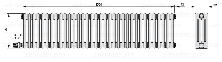 Схема (чертеж) Радиатор Zehnder Charleston 4055/34 №V004 Белый глянцевый RAL 9016